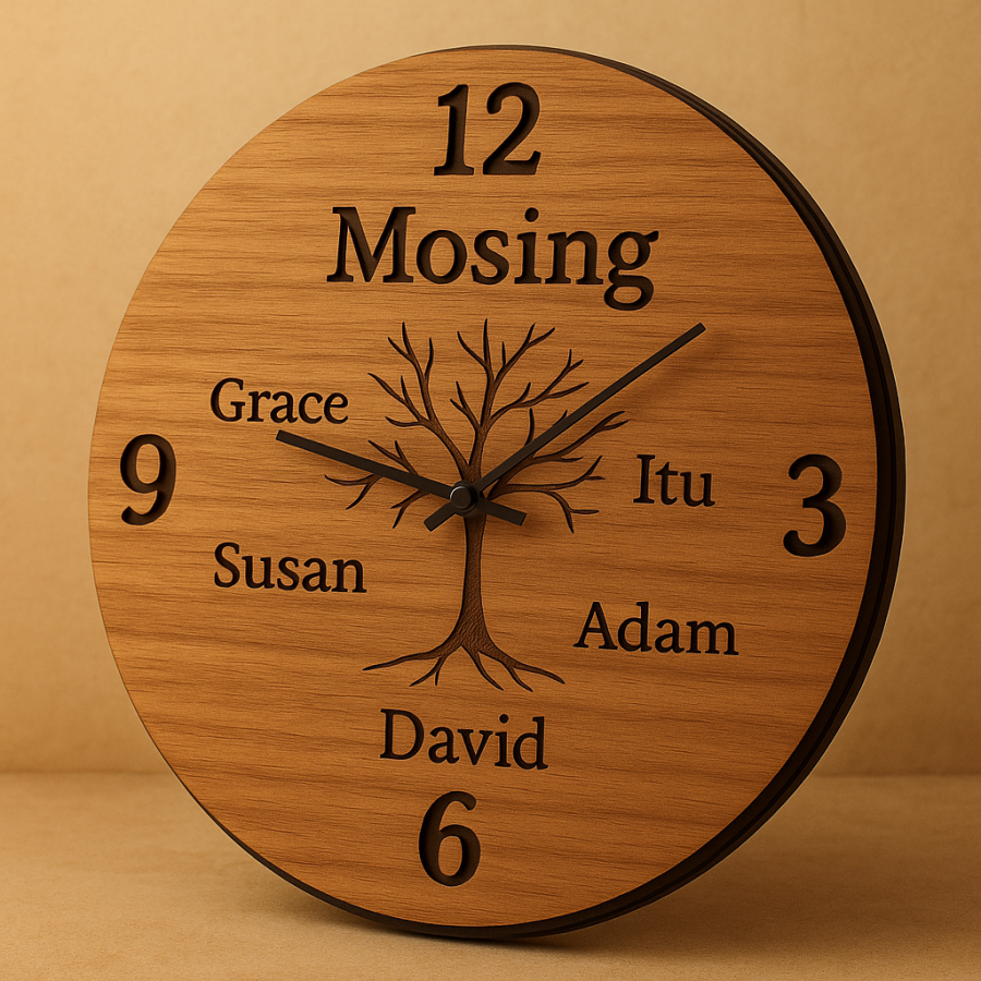 Family Tree Wooden Wall Clock – Personalized with 5- 10 Custom Name Engraving