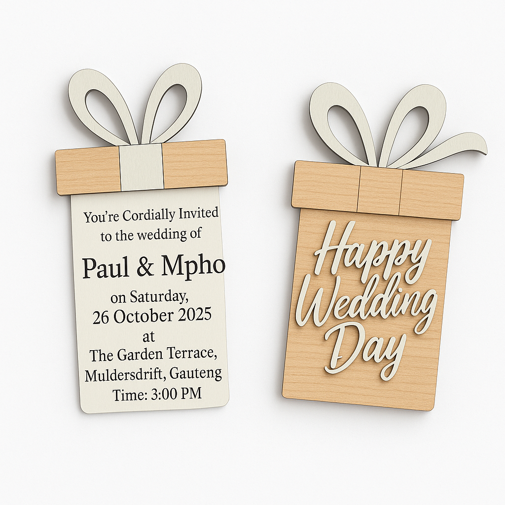 x50 Wooden Wedding Invitation & “Happy Wedding Day” Display Plaque – Gift Box Shape with Floral Bow