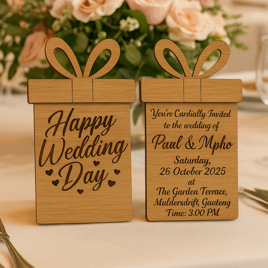 x50 Elegant Wooden Wedding Invitation – Gift Box Design with Bow – "Happy Wedding Day" & Custom Details