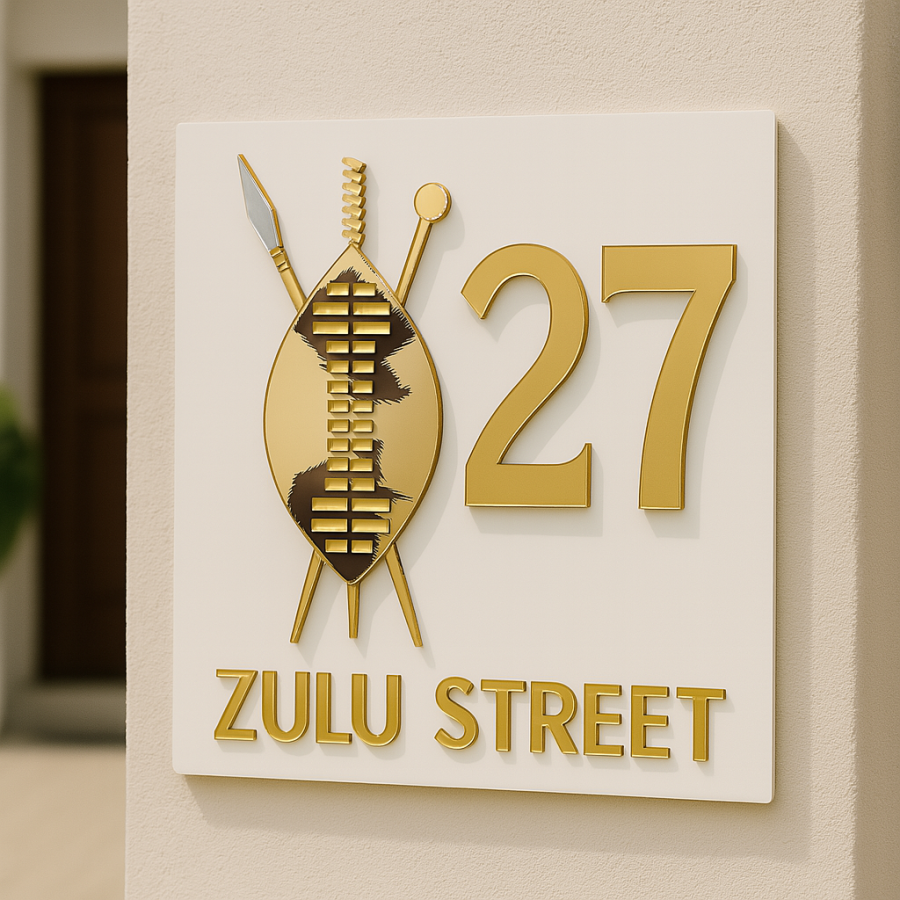 🛡️ Shaka Street Mirror Gold Acrylic House Number Sign – Zulu Shield Design (27)