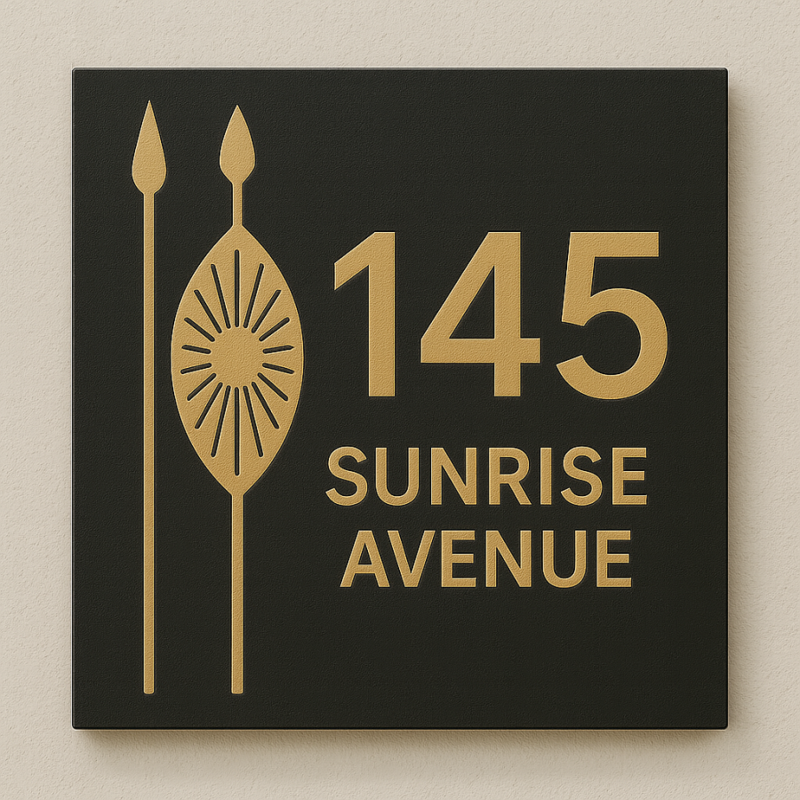 Zulu Shield Spear Acrylic House Number Plaque – Black & Gold (Customisable)