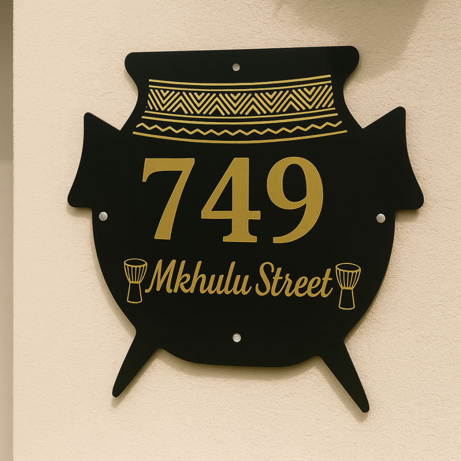Patterned Vilakazi clay pot-shaped house number sign