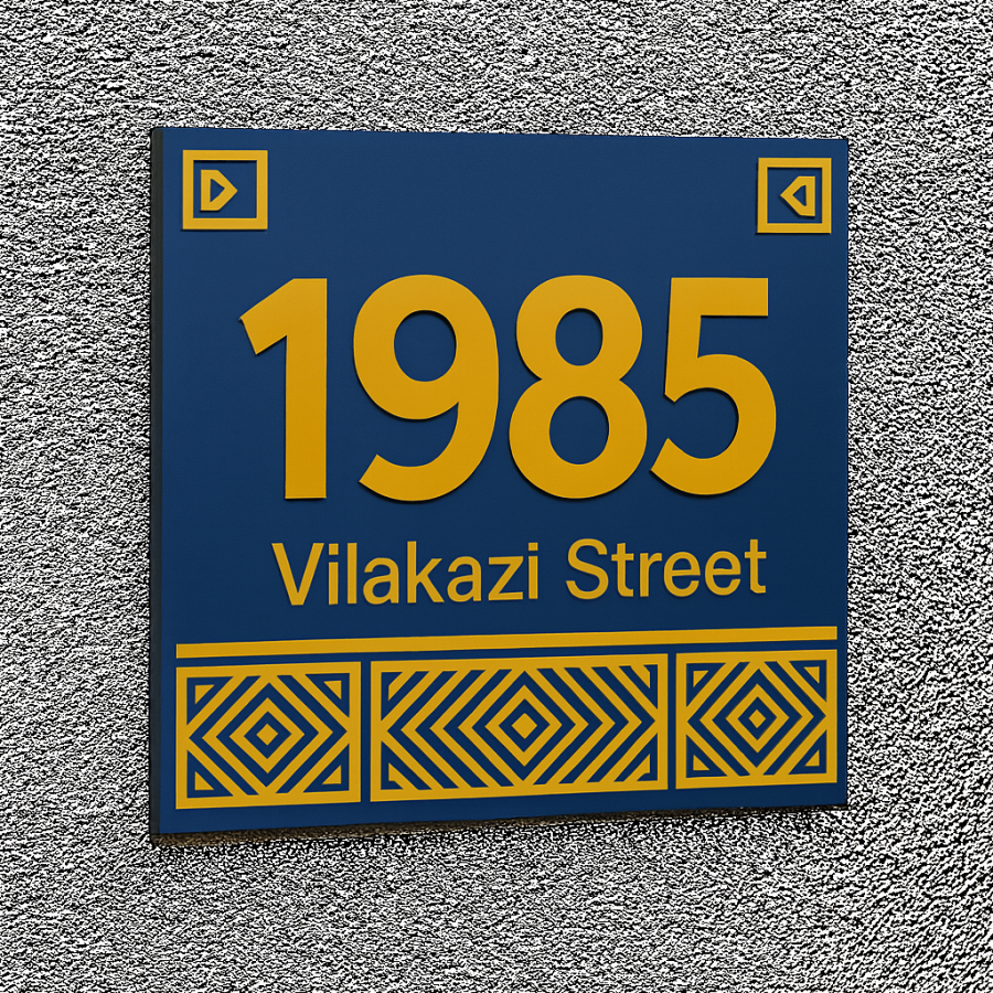 Custom House Number Plaque – "1985 Vilakazi Street" | Geometric design in Navy & Gold