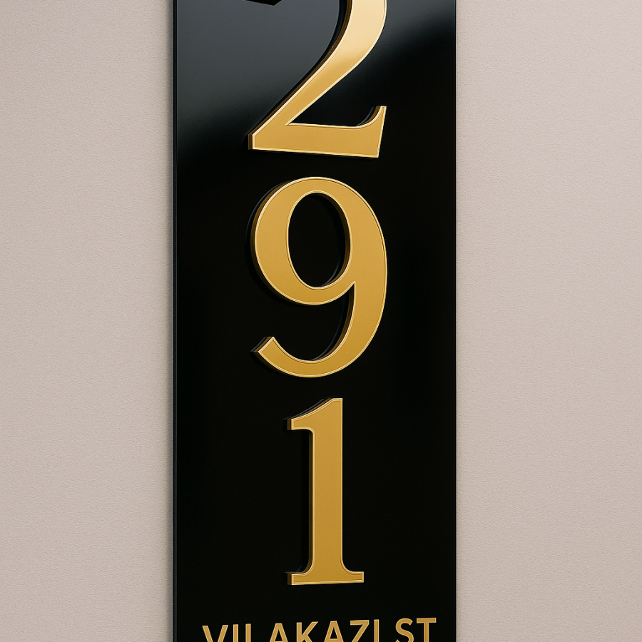 Vertical House Number Plaque – “291 Vilakazi St” | Black & Gold Modern African-Inspired Design  Bullet Points: