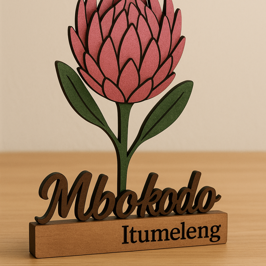 "Mbokodo Protea – Personalized Wooden Table Plaque"